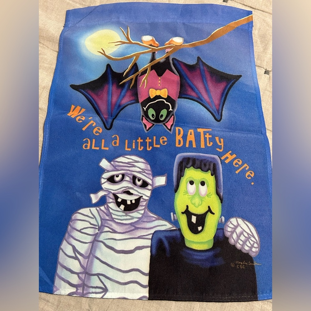 Halloween We’re all a little BATty Here Themed Garden Flag Frankenstein Mummy